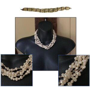 Vintage Rice Pearl Multi-Strand Necklace | 16" Long | Gold Tone Blue Accents